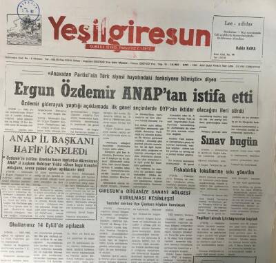 Yeşil Giresun 5 Eylül 1992-Ergün Özdemir Anaptan İstifa Etti GZ25723 - 1