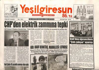 Yeşil Giresun Gazetesi 1 Ekim 2011 - CHPden Elektrik Zammına Tepki GZ108313 - 1