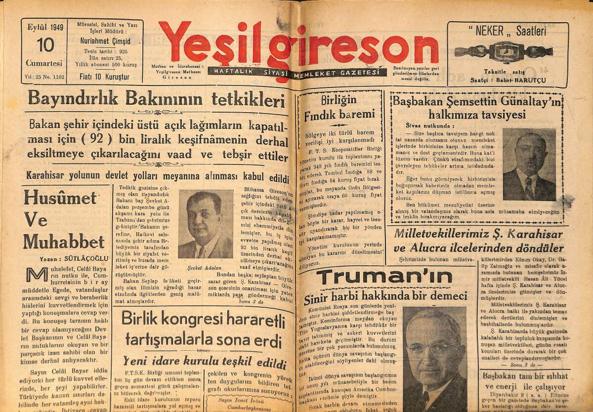 Yeşil Giresun Gazetesi 10 Eylül 1949 - Truman'ın Sinir Harbi Hakkında Bir Demeci - Bulancak Su Tesisatı İhaleye Çıkarıldı GZ154426 - 1