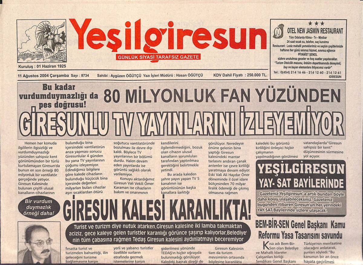 Yeşil Giresun Gazetesi 11 Ağustos 2004 - Giresun Kalesi Karanlıkta - Bulancakspor Yönetimi Asılsız Haberlerden Yakındı GZ2981 - 1