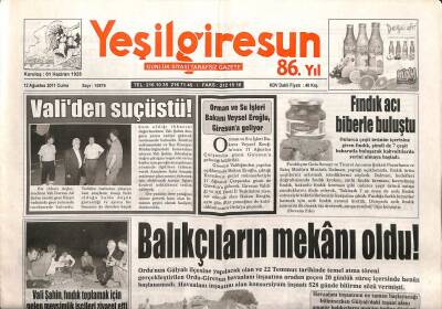 Yeşil Giresun Gazetesi 12 Ağustos 2011 - Tirebolu Belediyesindeki Usulsüzlük İddiasına Müfettiş İncelemesi GZ108044 - 1