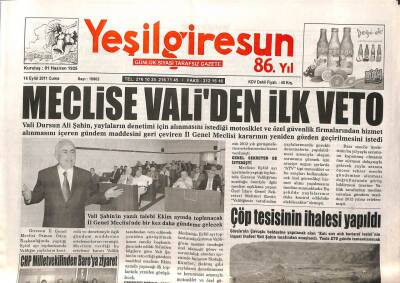 Yeşil Giresun Gazetesi 16 Eylül 2011 - Meclise Validen İlk Veto GZ108339 - 1