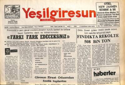 Yeşil Giresun Gazetesi 17 Haziran 2003 - Fındıkta Rekolte 508 Bin Ton GZ101621 - 1