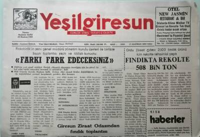Yeşil Giresun Gazetesi 17 Haziran 2003 Fındıkta Rekolte 508 Bin Ton -GZ33366 - 1