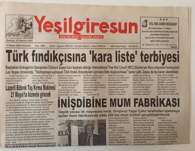 Yeşil Giresun Gazetesi 17 Mayıs 2004 - Türk Fındıkçısına Kara Liste Terbiyesi , İnişdibine Mum Fabrikası GZ28677 - 1