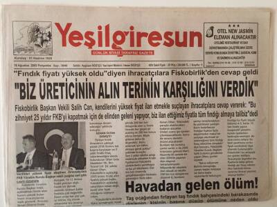 Yeşil Giresun Gazetesi 18 Ağustos 2005 - Fiskobirlikten İhracatçılara Cevap Biz Üreticinin Alın Terinin Karşılığını Verdik GZ28630 - 1