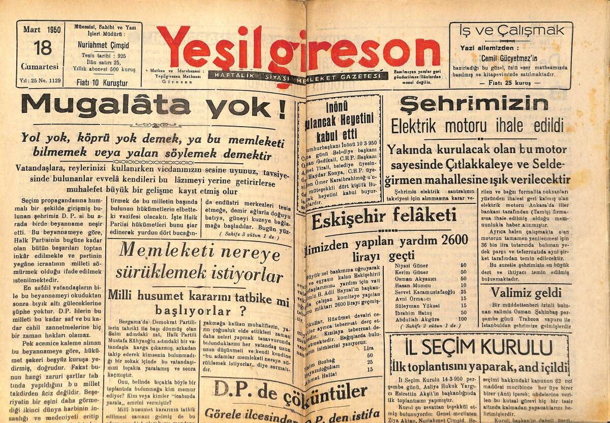 Yeşil Giresun Gazetesi 18 Mart 1950 - İnönü Bulancak Heyetini Kabul Etti - Görele'de Seçim Faaliyeti GZ154425 - 1