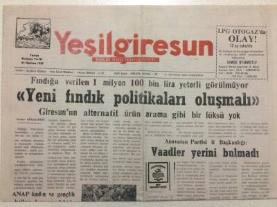 Yeşil Giresun Gazetesi 19 Ağustos 2000 - Yeni Fındık Politikaları Oluşmalı GZ38234 - 1