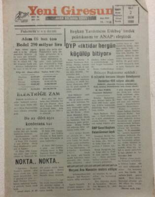 Yeşil Giresun Gazetesi 2 Ekim 1990 - Dyp İktidar Her Gün Küçülüyor GZ32763 - 1