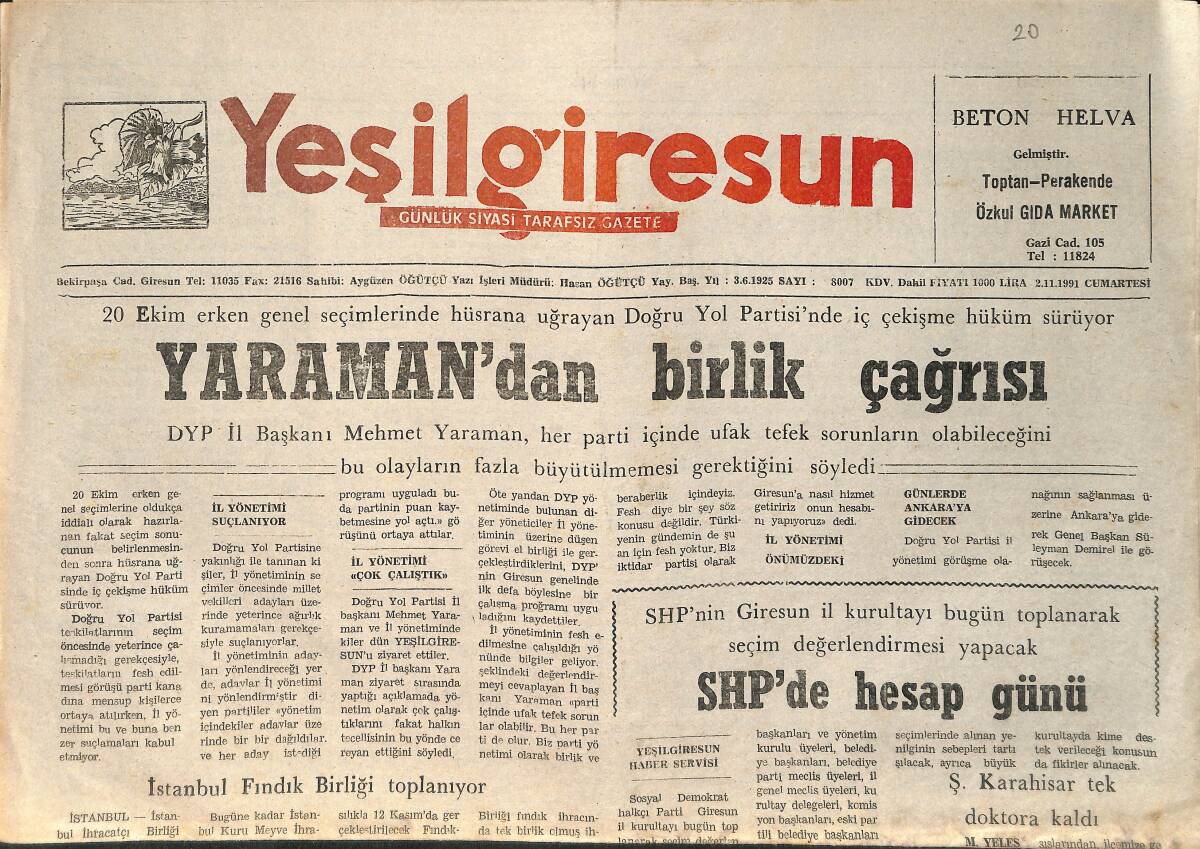 Yeşil Giresun Gazetesi 2 Kasım 1991 - Yaraman'dan Birlik Çağrısı - Bulancakspor Galibiyet Diyor GZ2084 - 1