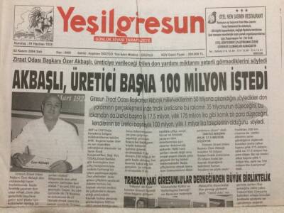 Yeşil Giresun Gazetesi 2 Kasım 2004 - Akbaşlı Üretici Başına 100 Milyon İstedi GZ29964 - 1