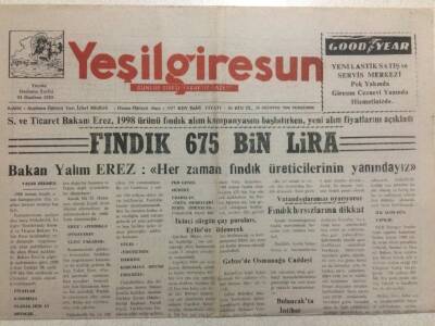 Yeşil Giresun Gazetesi 20 Ağustos 1998 - Fındık 675 Bin Lira GZ34448 - 1