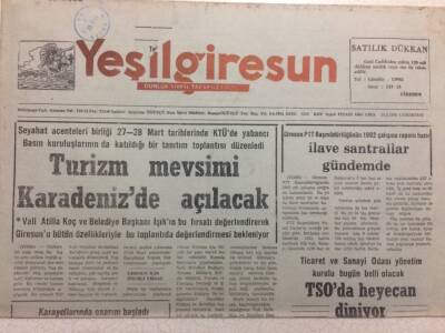 Yeşil Giresun Gazetesi 21 Mart 1992 - Turizm Mevsimi Karedeniz de Açılacak GZ34479 - 1