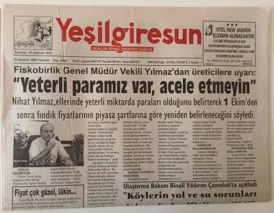 Yeşil Giresun Gazetesi 22 Ağustos 2005 - Fiskobirlik Üreticilere Yeterli Paramız Var , Acele Etmeyin GZ28681 - 1