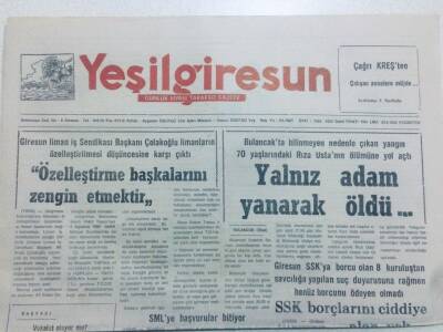 Yeşil Giresun Gazetesi 24 Ağustos 1992 - Yalnız Adam Yanarak Öldü GZ40789 - 1