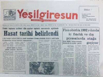 Yeşil Giresun Gazetesi 24 Temmuz 1992 - Hasat Tarihi Belirlendi GZ41406 - 1