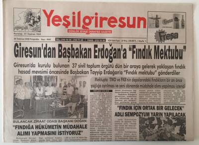 Yeşil Giresun Gazetesi 24 Temmuz 2008 - Giresundan Başbakan Erdoğana Fındık Mektubu GZ28944 - 1