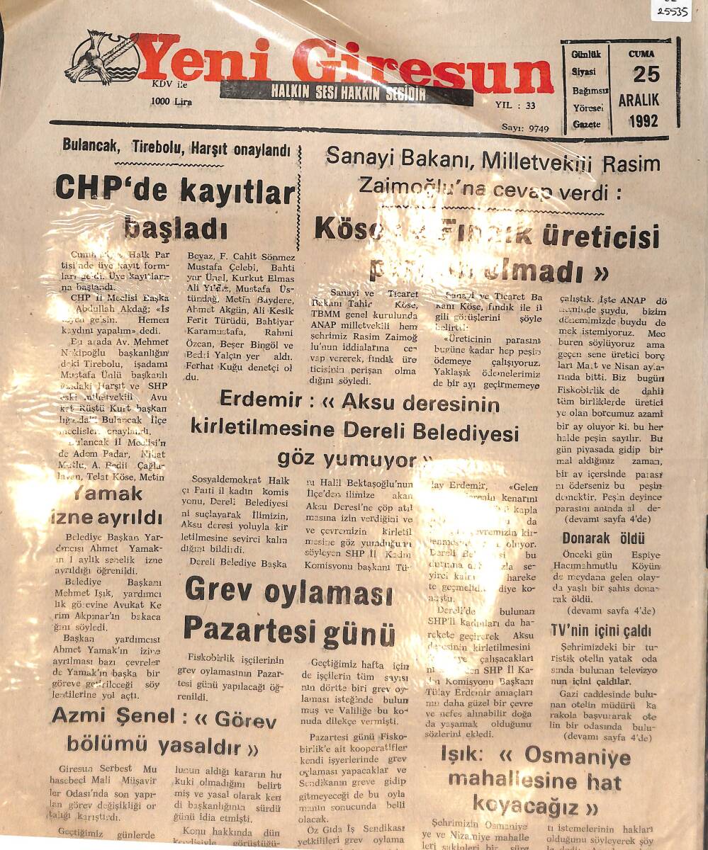 Yeşil Giresun Gazetesi 25 Aralık 1992 - Grev Oylaması Pazartesi Günü - CHP'de Kayıtlar Başladı - Fındık Üreticisi Perişan Olmadı GZ132719 - 1