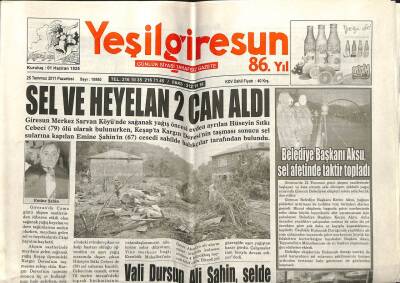 Yeşil Giresun Gazetesi 25 Temmuz 2011 - Sel Ve Heyelan İki Can Aldı GZ108731 - 1
