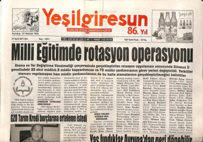 Yeşil Giresun Gazetesi 27 Eylül 2011 - Milli Eğitimde Rotasyon GZ108334 - 1