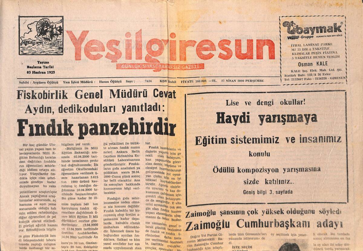 Yeşil Giresun Gazetesi 27 Nisan 2000 - İl Genel Meclisi 1 Mayıs'ta Toplanıyor - Fındık Fiyatları Yükseliyor GZ159109 - 1