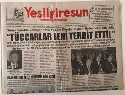 Yeşil Giresun Gazetesi 27 Ocak 2005 - FKB Tönetim Kurulu Başkanı Erdemden Şok İddia Tüccarlar Beni Tehdit Etti GZ28609 - 1
