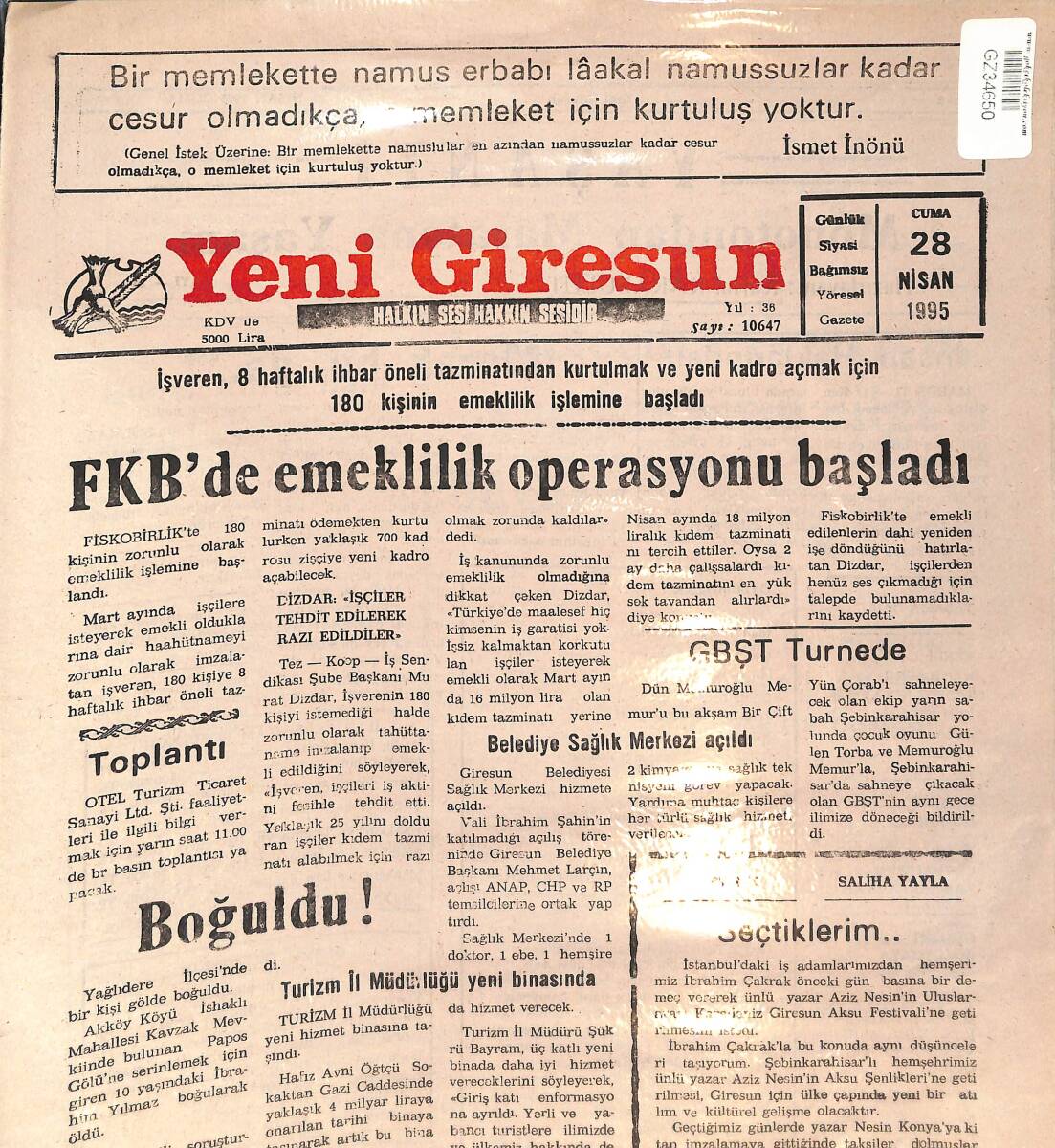 Yeşil Giresun Gazetesi 28 Nisan 1995 - İlk Hac Kafilesi Yola Çıktı - Emeklilik Operasyonları Başladı GZ132711 - 1