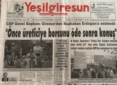 Yeşil Giresun Gazetesi 29 Temmuz 2006-Baykal Yine Zapsuyu Hedef Aldı GZ45725 - 1