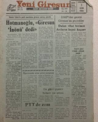 Yeşil Giresun Gazetesi 3 Ekim 1990 - Hotmanoğlu,Giresun İnönü Dedi GZ32764 - 1