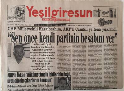 Yeşil Giresun Gazetesi 3 Temmuz 2008 - MHPli Özkan Hükümet Fındık Lobilerinin Değil Üreticilerin Çıkarlarını Korusun GZ31009 - 1