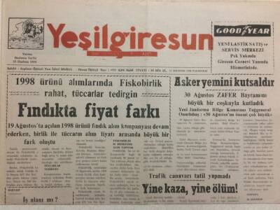 Yeşil Giresun Gazetesi 31 Ağustos 1998 - Fındıkta Fiyat Farkı GZ34447 - 1