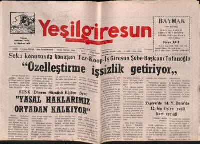 Yeşil Giresun Gazetesi 31 Mart 2000 - Atatürkün Muhafız Alayı Komutanı Osman Ağa Anılıyor GZ77900 - 1
