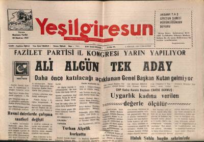 Yeşil Giresun Gazetesi 4 Aralık 1999 - Fazilet Partisi İl Kongresi Yarın Yapılıyor GZ77984 - 1