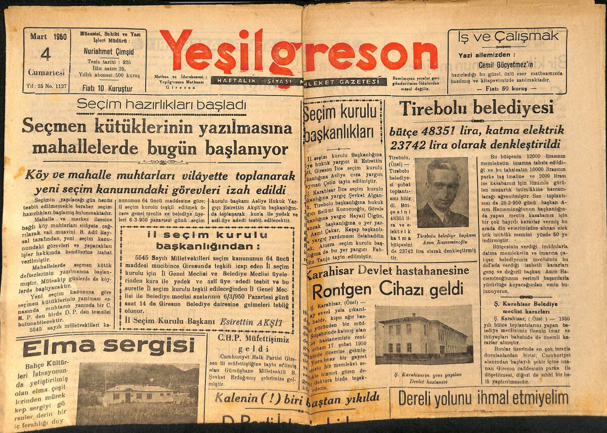Yeşil Giresun Gazetesi 4 Mart 1950 - Tirebolu'daki Çöküntü Tehlikeli Bir Durumda - Ş. Karahisar Devlet Hastanesine Röntgen Cihazı Geldi GZ154437 - 1