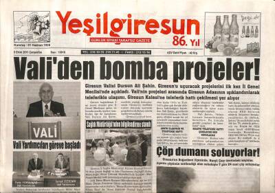 Yeşil Giresun Gazetesi 5 Ekim 2011 - Validen Bomba Projeler GZ108326 - 1