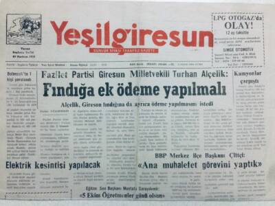 Yeşil Giresun Gazetesi 6 Ekim 2000 - Fındığa Ek Ödeme Yapılmalı GZ41117 - 1