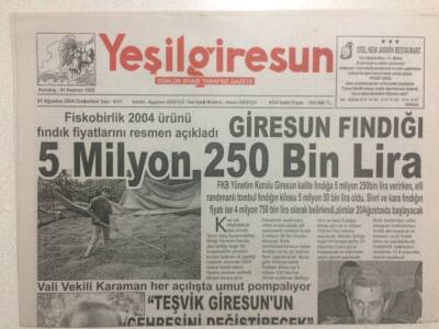 Yeşil Giresun Gazetesi 7 Ağustos 2004 - Fındık 5 Milyon 250 Bin Lira GZ34693 - 1