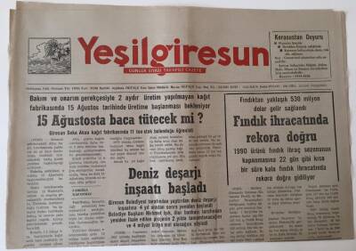 Yeşil Giresun Gazetesi - 8 Ağustos 1991 - Fındık İhracatında Rekora Doğru , 15 Ağustosta Kağıt Fabrikası Bacası Tütecek Mi ? - GZ43644 - 2