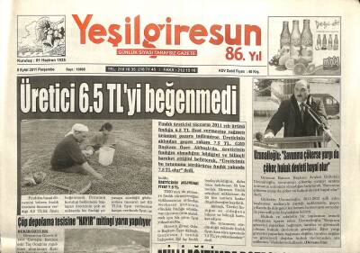 Yeşil Giresun Gazetesi 8 Eylül 2011 - Üreticiler 6.5 TLyi Beğenmedi GZ101989 - 1