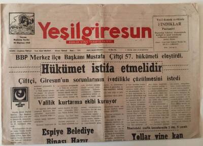 Yeşil Giresun Gazetesi 9 Ekim 1999 - Çiftçi , Giresunun Sorunlarının İvedikle Çözülmesini İstedi GZ28686 - 1