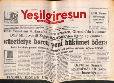 Yeşil Giresun Gazetesi 9 Şubat 1996 - Fındığa Destek ürün Trabzon Hurması GZ108060 - 1