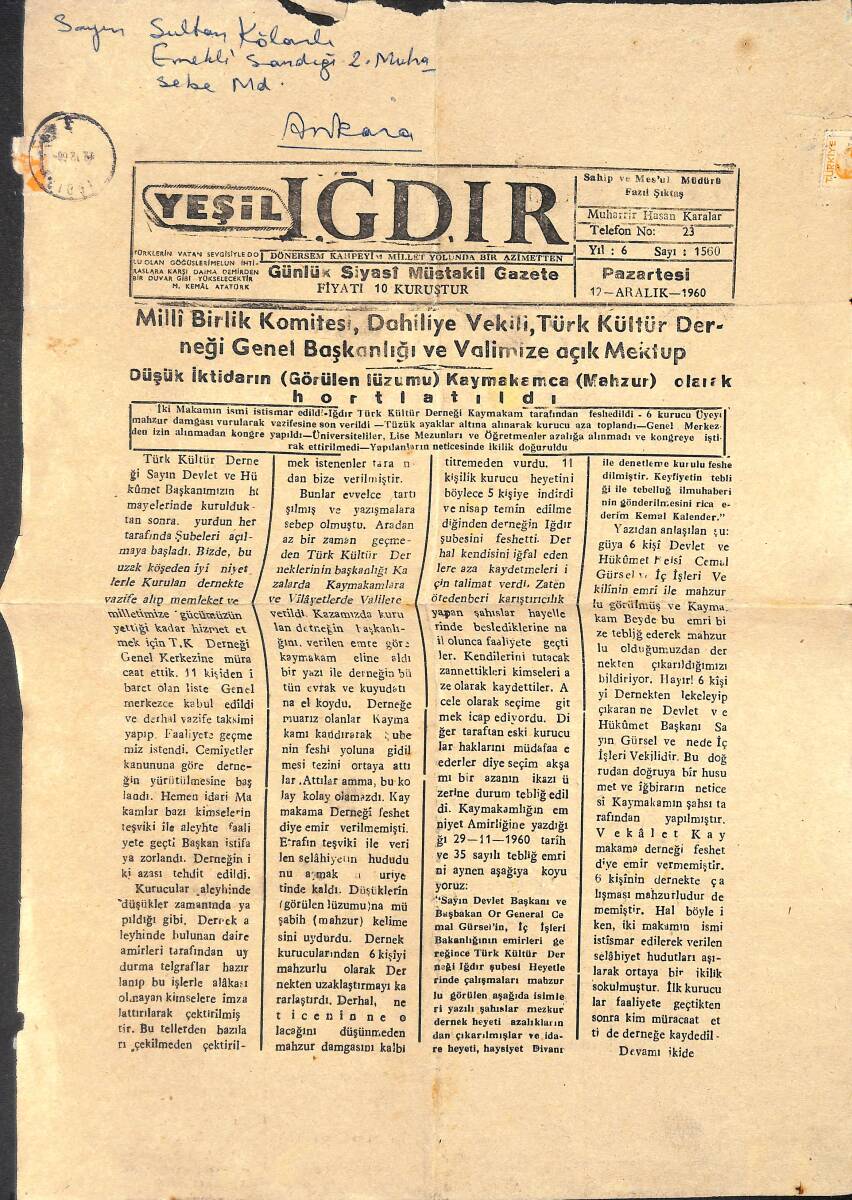 Yeşil Iğdır Gazetesi 17 Aralık 1960 - Milli Birlik Komitesi ve Valimize Açık Mektup GZ134704 - 1