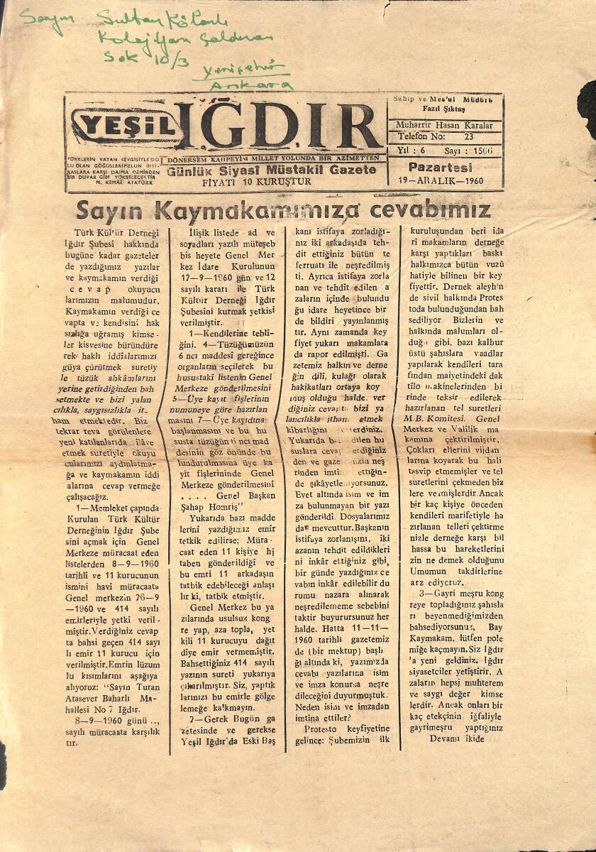 Yeşil Iğdır Gazetesi 19 Aralık 1960 - Kaymakama Açık Mektup GZ134705 - 1