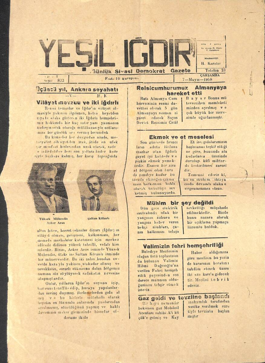 Yeşil Iğdır Gazetesi 7 Mayıs 1958 - Reisicumhurumuz Celal Bayar Almanya'ya Gitti GZ134702 - 1