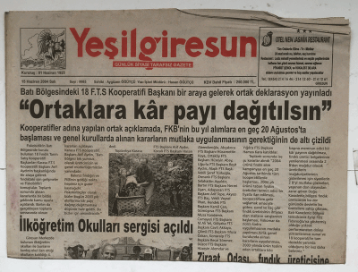 Yeşilgiresun Gazetesi 15 Haziran 2004 - Ziraat Odası , Fındık Üreticisine Dekar Başına 100 Milyon Lira İstedi GZ5235 - 1