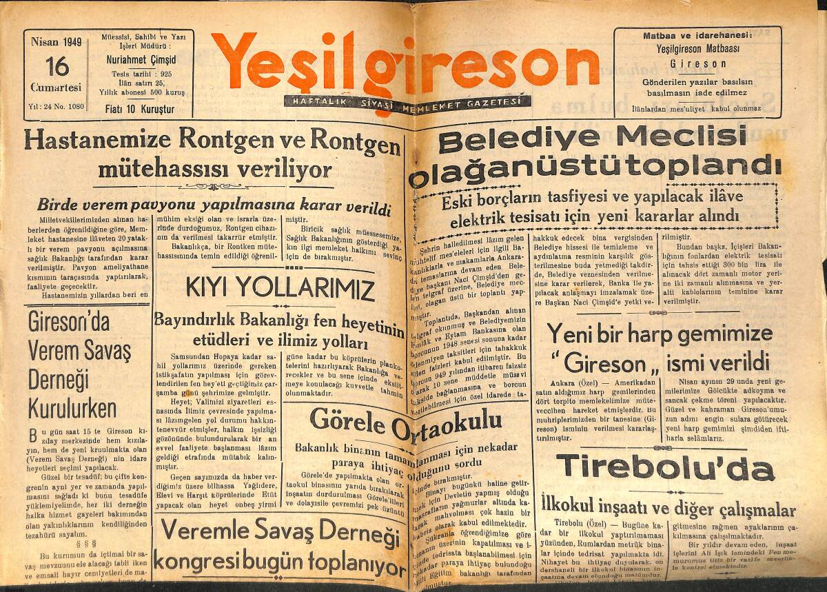 Yeşilgiresun Gazetesi 16 Nisan 1949 - Yeni Harp Gemimize Giresun İsmi Verildi - Görele Ortaokulu GZ153745 - 1