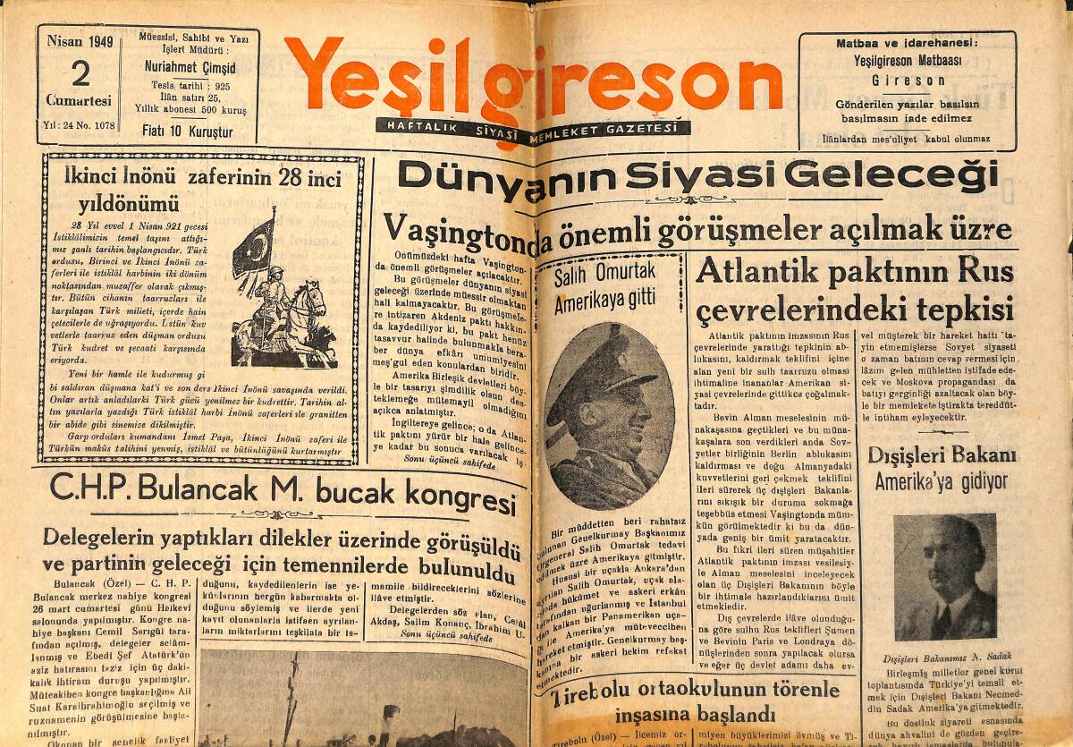 Yeşilgiresun Gazetesi 2 Nisan 1949 - Tirebolu Ortaokulunun Törenle İnşasına Başlandı - Keşap Halkevi Gençliğinin Kır Gezileri GZ153748 - 1