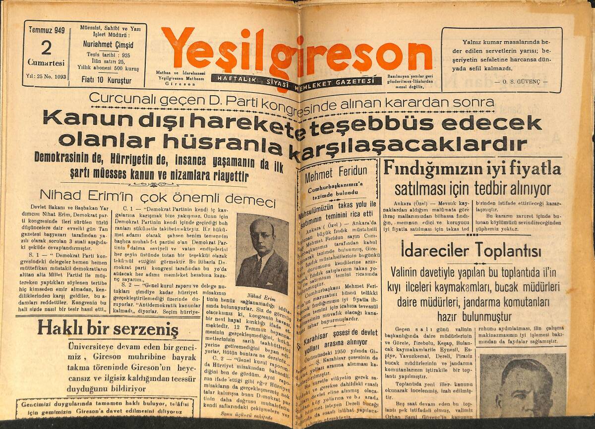 Yeşilgiresun Gazetesi 2 Temmuz 1949 - Valimiz Tirebolu'da - Nihad Erim'in Çok Önemli Demeci GZ153746 - 1