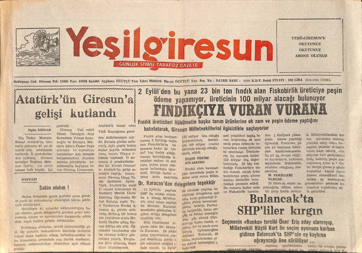 Yeşilgiresun Gazetesi 20 Eylül 1991 - Atatürk'ün Giresun'a Gelişi Kutlandı - Bulancak'ta SHP'liler Kırgın GZ2915 - 1