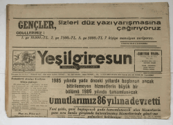 Yeşilgiresun Gazetesi 30 Aralık 1985 - Umutlarımız 86 Yılına Devretti GZ5937 - 2